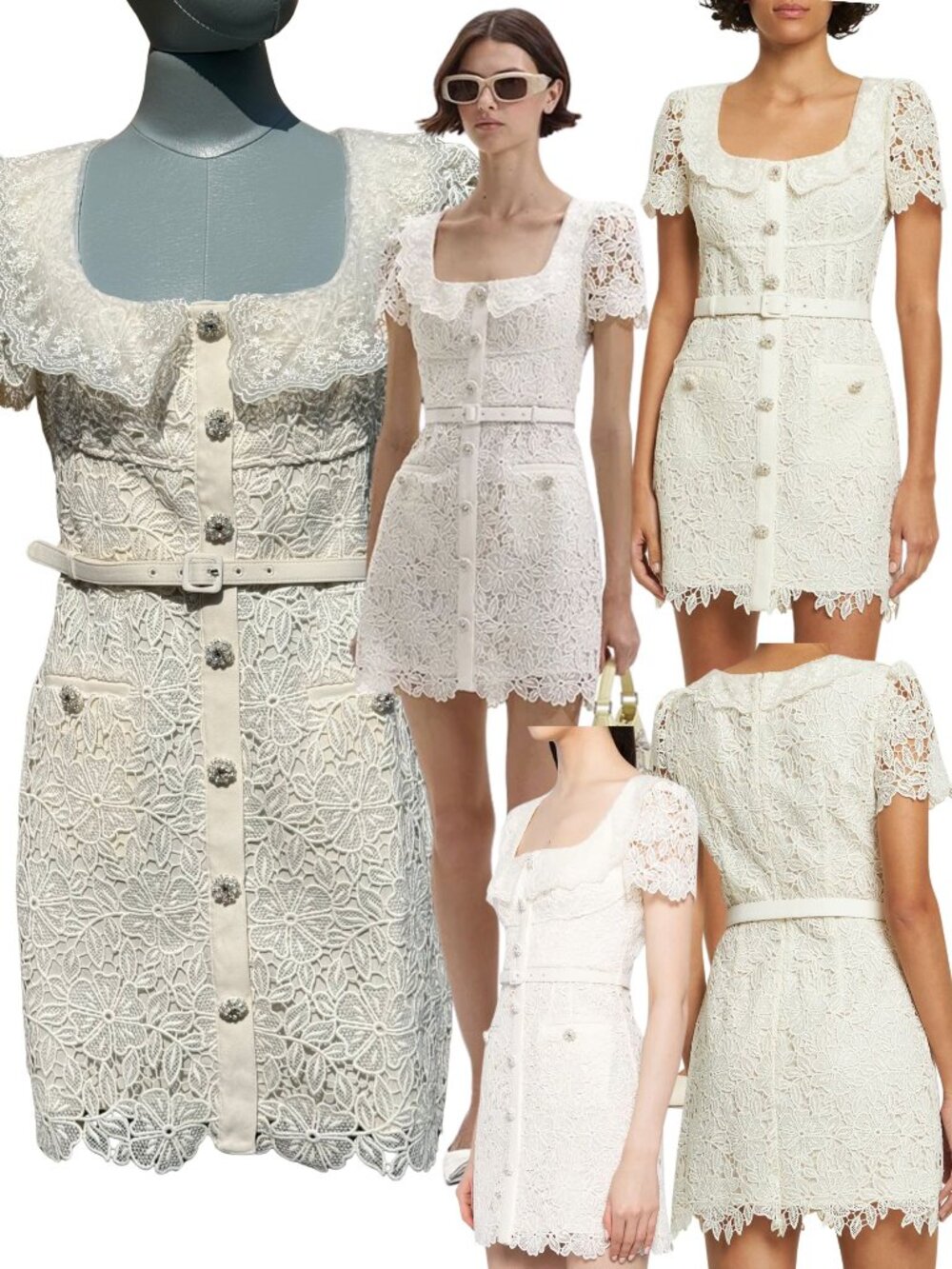 🆕 SELF-PORTRAIT 🧿 NWT Cream Guipure Lace Belted Mini Dress, Sz UK 10 US 6